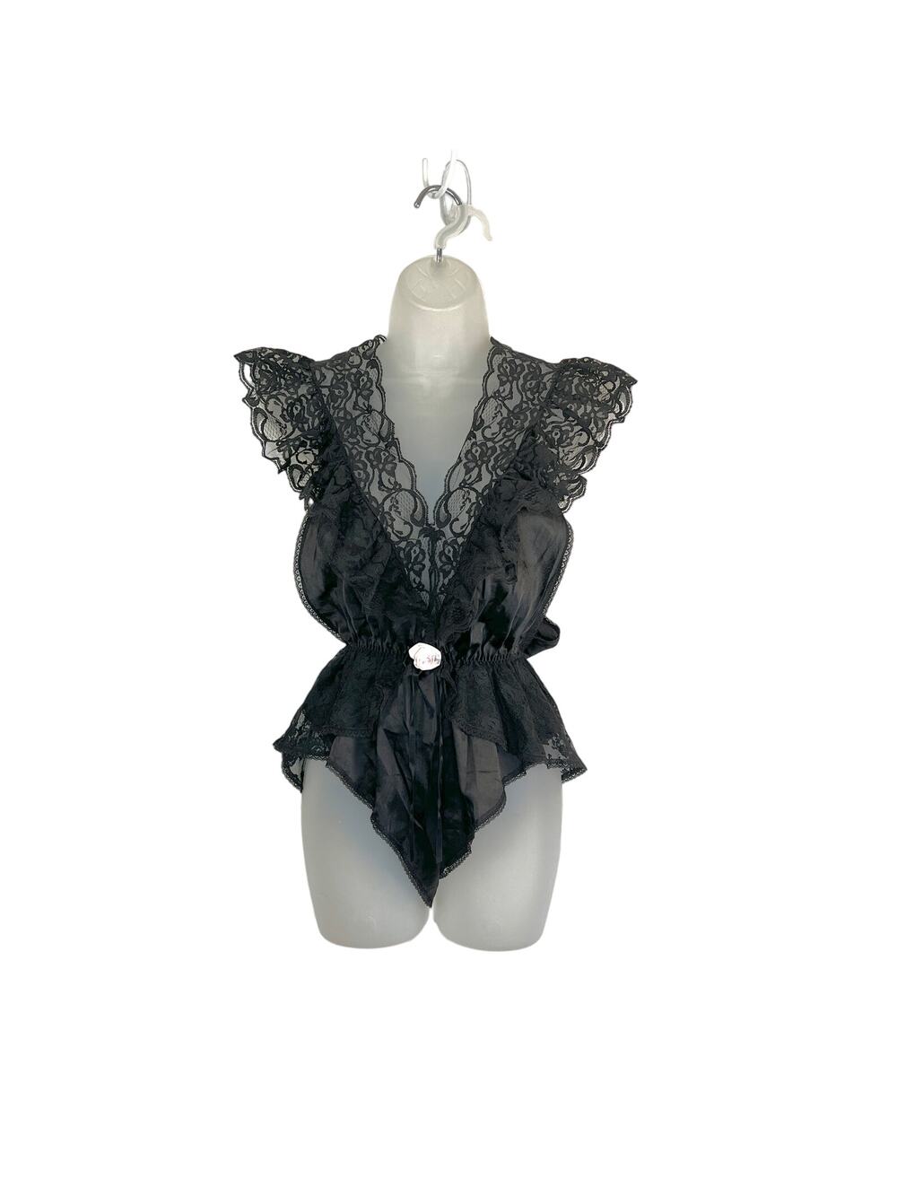 Vintage 80s Lily of France Black Satin Lace Bodysuit Rosette Detail